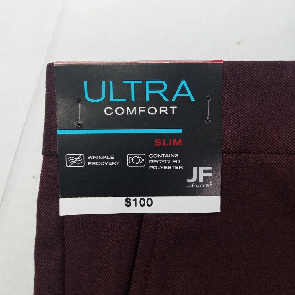 JF J Ferrar Men's Ultra Comfort Slim Flat Front Dress Pants Size 32x29 Burgundy